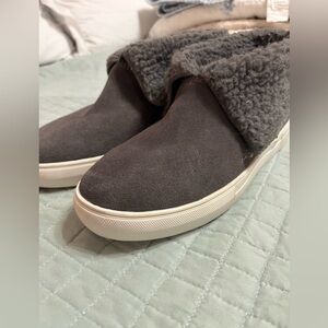 Gray Suede Slip-On Shoes with Faux Fur Lining
